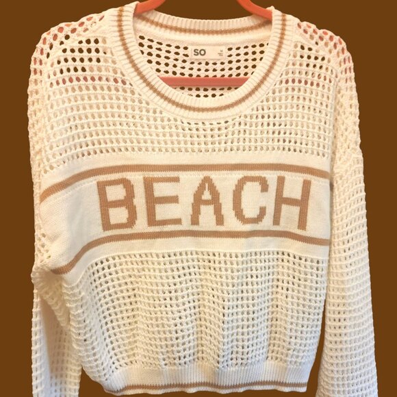 BEACH Women's Loose Knit White and Tan Cotton Pullover Sweater Size Medium - Picture 1 of 9